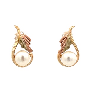 Leaf Gold Synthetic Pearl Earrings 10k Yellow Gold 2.1g