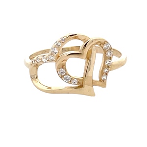 14K Yellow Gold Twin Heart CZ Fashion Ring SZ:9.5