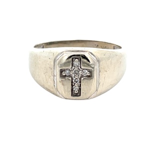 Gents Diamond Cross Signet Ring 10K White Gold SZ: 9.5