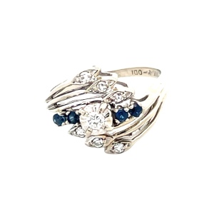 14K White Gold Diamond & Blue Sapphire Cocktail Ring SZ:5