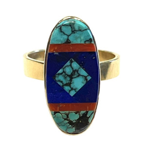 14K Yellow Gold Turquoise/Lapis/Coral Native American Inlay Ring SZ:8