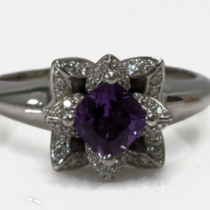 Gemvara 950 Palladium Amethyst & Diamond Gemstone Ring Sz10.5