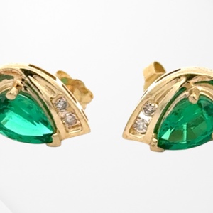 10K Yellow Gold Green Gemstone & Diamond Stud Earrings