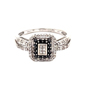 Ladies 10K White Gold 1/4CTW Black & White Diamond Double Halo Ring