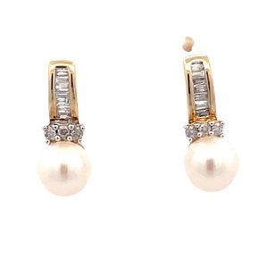 10K Yellow Gold Pearl & Diamond Pierced Earrings