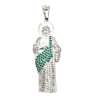 Sterling Silver 925 St. Jude Pendant W/Green & White CZ's