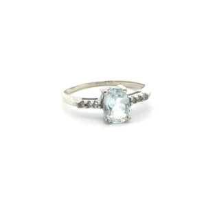 Ladies 10K White Gold Synthetic Aquamarine & Diamond Accented Ring SZ:5.5