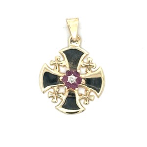 14K Yellow Gold Jerusalem Cross Pendant With Ruby and Diamond Accents