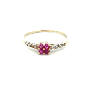 Ladies 10K Yellow Gold Synthetic Ruby & Diamond Fashion Ring SZ:11