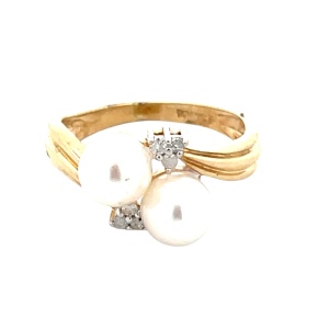 14K Yellow Gold Twin Pearl & Diamond Gemstone Ring