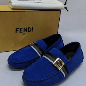 Fendi Mocassino Costa Blue Suede Loafers with Gold FF Logo Men's Size 7