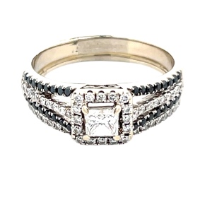 Stunning 14K White Gold White & Black Diamond Princess Halo Bridal Set