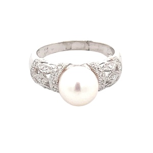 14K White Gold 8mm Pearl & Diamond Filagree Ring