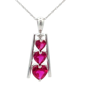 10K White gold Triple Heart Red Stone Necklace 18 in. 