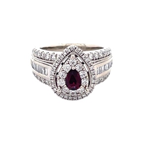 14K White Gold Double Diamond Halo Ruby Cocktail Ring