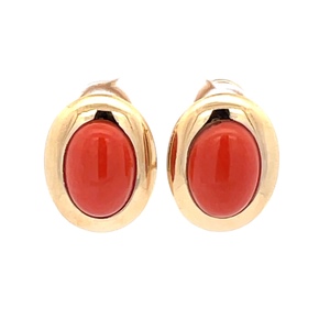 14K Yellow Gold Lab-Created Cabochon Coral Earrings 