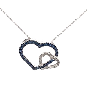 14K White Gold Sapphire Blue Crystals & Diamond Twin Heart Necklace
