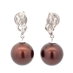 14K White Gold Bronze Pearl/Diamond Earrings