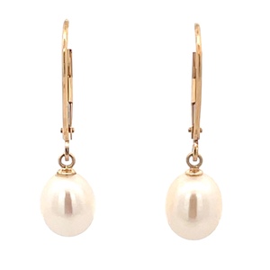 14K Yellow Gold Pearl Drop Lever-back Earrings