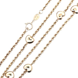 14K Yellow Gold 16 in. Rope Chain With Puffy Heart Stations