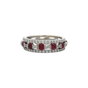 Ladies 14K White Gold 1/3CTW Diamond & Synthetic Ruby Band SZ:4.5