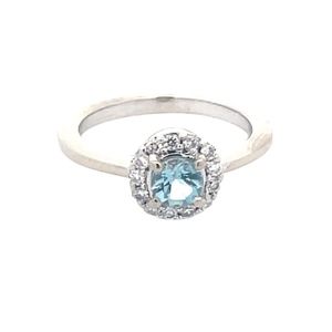 Ladies 14K White Gold Blue Topaz Diamond Halo Ring
