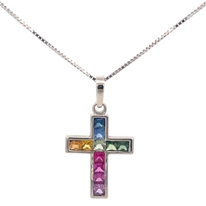 14K White Gold 18 in. Multi-color Gemstone Cross Necklace