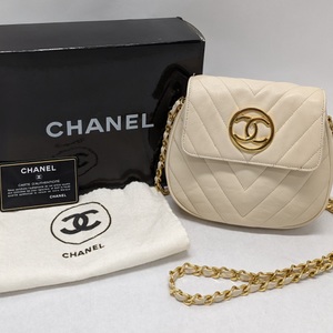 CHANEL V Stitch Gold Chain Lambskin Push Lock Single Flap Circle Shoulder Bag