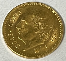 Mexico 1955 Cinco Pesos Gold Coin .900 Fine 4.1666Grams