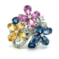 14K White Gold Multicolor Gemstone Floral Pattern Diamond Ring