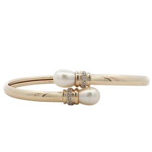 14K Yellow Gold Pearl & Diamond Accents Flexible Cuff Bracelet