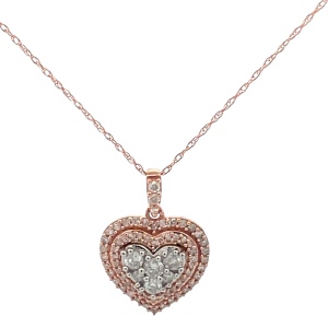 Heart Diamond Pendant 16" Gold Chain 3/4ctw 10k Rose Gold 2.3g