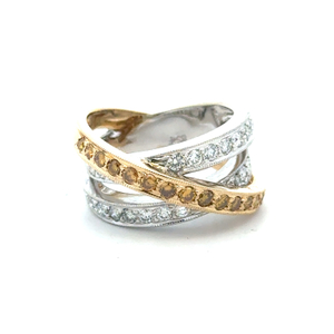Ladies 18K Two-Tone 1.0CTW White & Yellow Diamond Crossover Ring SZ: 6