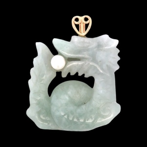 14K Yellow Gold Carved Dragon Jade Pendant With Pearl