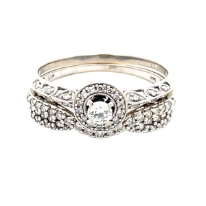 Diamond Engagement and Guard Wedding Set 0.92ctw 14KWG 5.3g Size:10.5