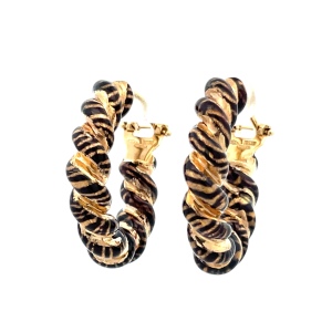 14K Italian Yellow Gold Tiger Striped Enameled 1 in. Hoop Earrings