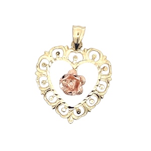 14K Two Tone Gold Heart Pendant With Rose Center