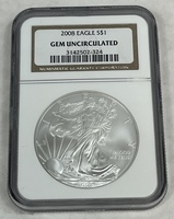 2008 American Silver Eagle NGC Gem Uncirculated .999 Fine Silver