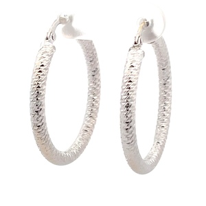 14K White Gold  1-1/8 in. Textured Hoop Earrings