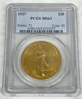 1927 St Gaudens Double Eagle Gold Coin PCGS MS63 