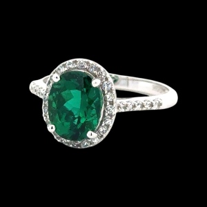 Ladies 10K White Gold Lab-Created Emerald & .25CTW Diamond Ring SZ:7
