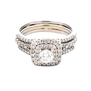 14K White Gold 1.0CTW Diamond Double Halo Bridal Set SZ:7