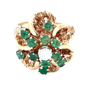 14K Yellow Gold Emerald & Diamond Cocktail Ring SZ:7