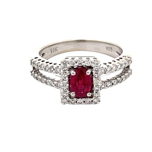 14K White Gold Synthetic Ruby & Diamond Halo Ring SZ:6