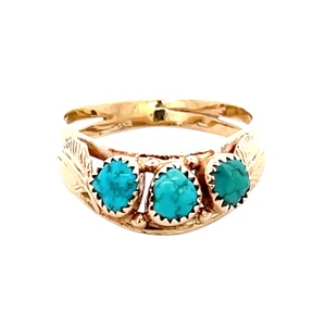 14K Yellow Gold Turquoise Signed "JNH" Native American Ring SZ: 7