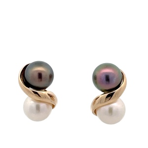 14K Two-Tone Gold 7mm White & Gray Pearl Earrings
