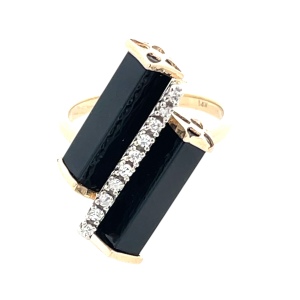 14K Yellow Gold Black Onyx & Diamond Cocktail Ring SZ:6