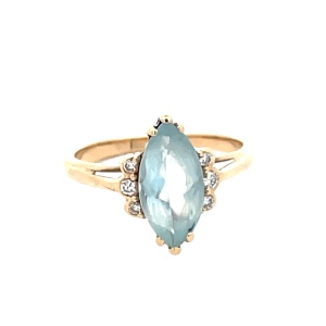 Ladies 14K Yellow Gold Diamond & Marquise Syn. Aquamarine Gemstone Ring SZ:6, 2.4g