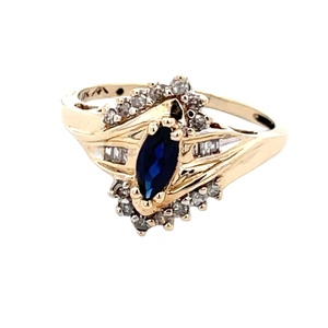 Ladies 10K Yellow Gold Diamond & Syn. Sapphire Gemstone Ring SZ:8
