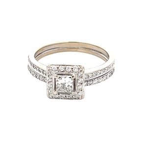 14K White Gold 1.0CTW Princess Diamond Halo Bridal Set SZ:5.5